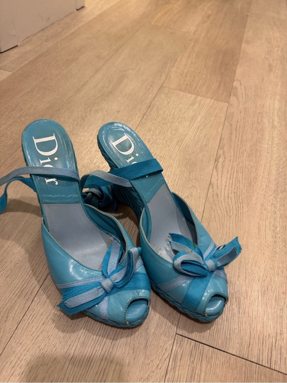 Dior Turquoise Peep-Toe Bow Slingback Heels
